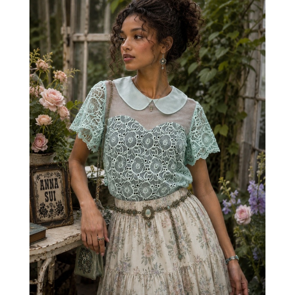 Anna Sui Lace Top Womens 6 Blue Peter Pan Collar Sheer Yoke Floral
